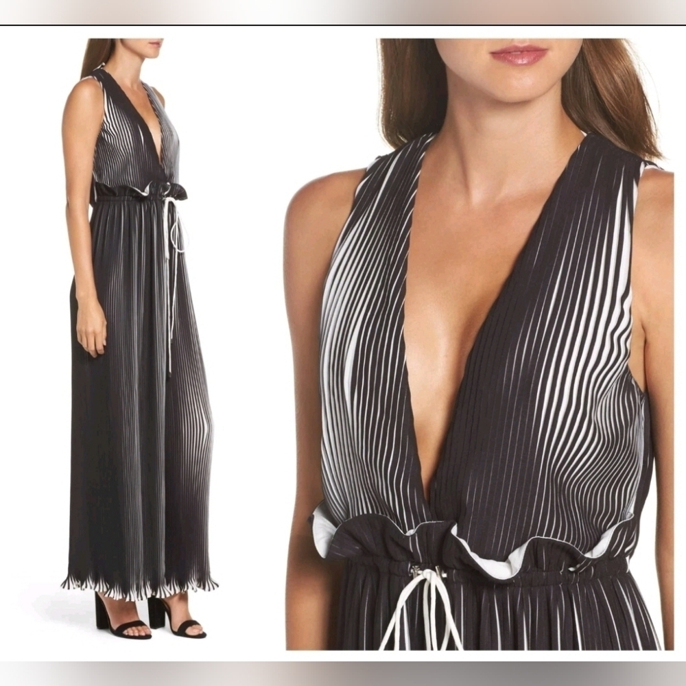 C/MEO Collective Dream Chaser Pleated Striped Wide Leg Deep V Jumpsuit - Picture 2 of 6